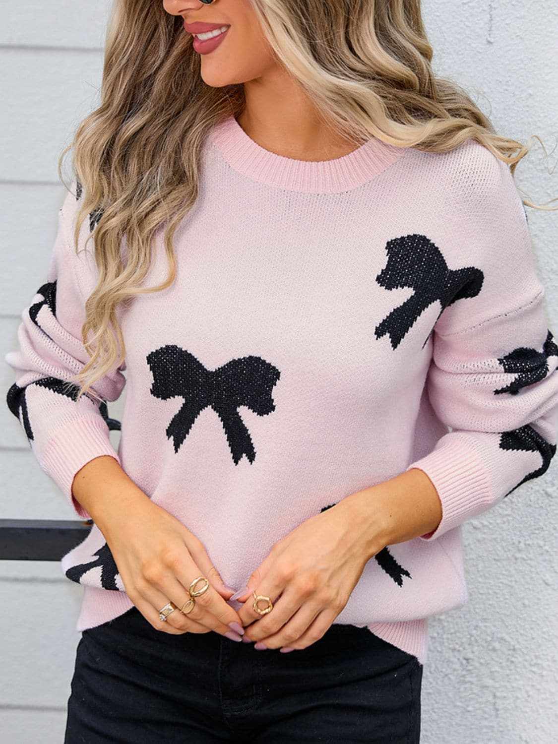 Cozy Knit Sweater with Bow Neck - Love Salve 