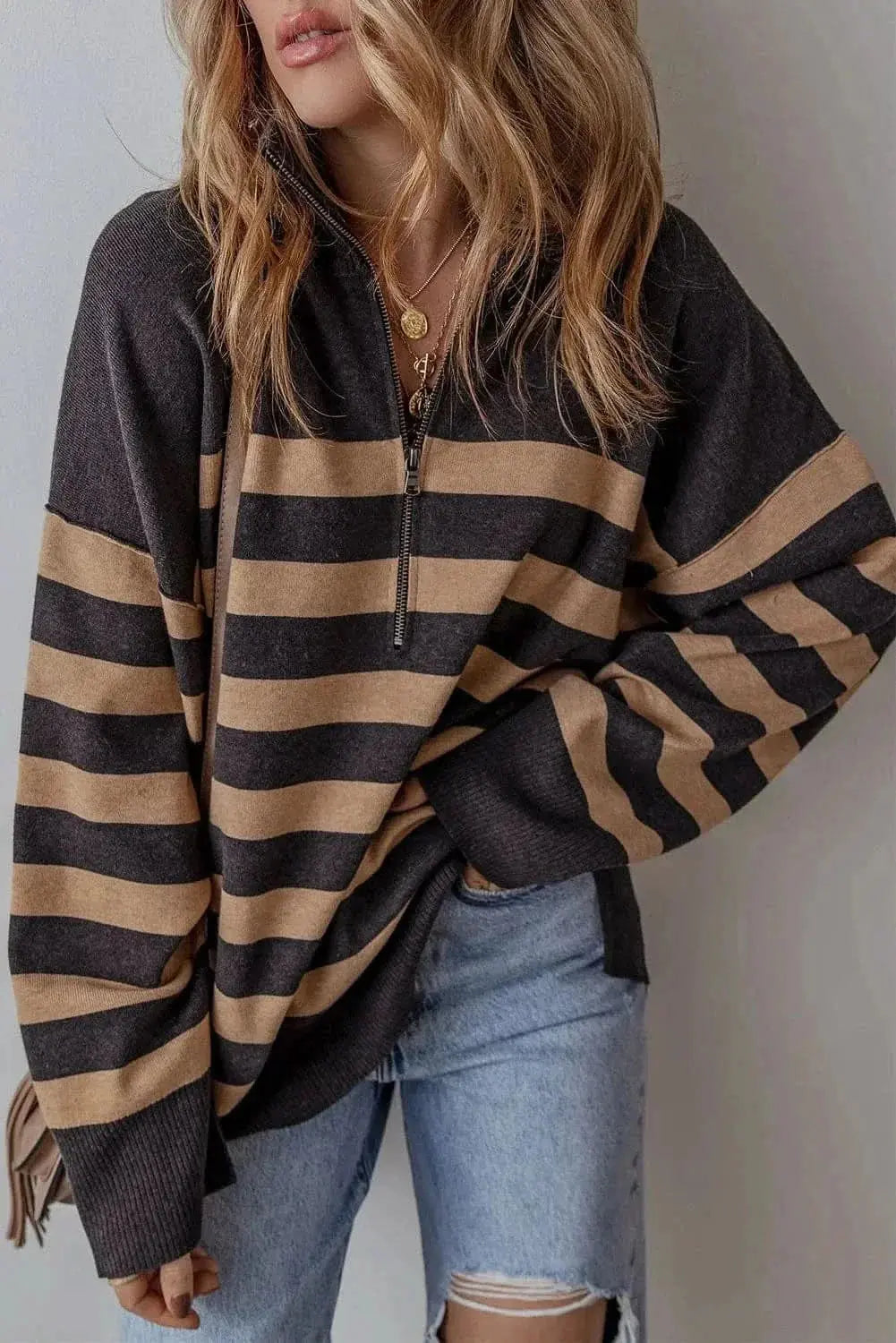 Chic striped half zip knit top - Love Salve 
