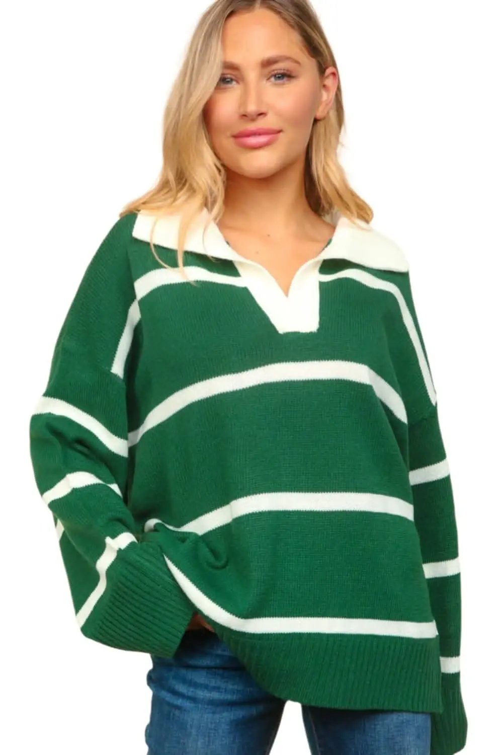 Haptics Collared Neck Striped Contrast Sweater - Love Salve 