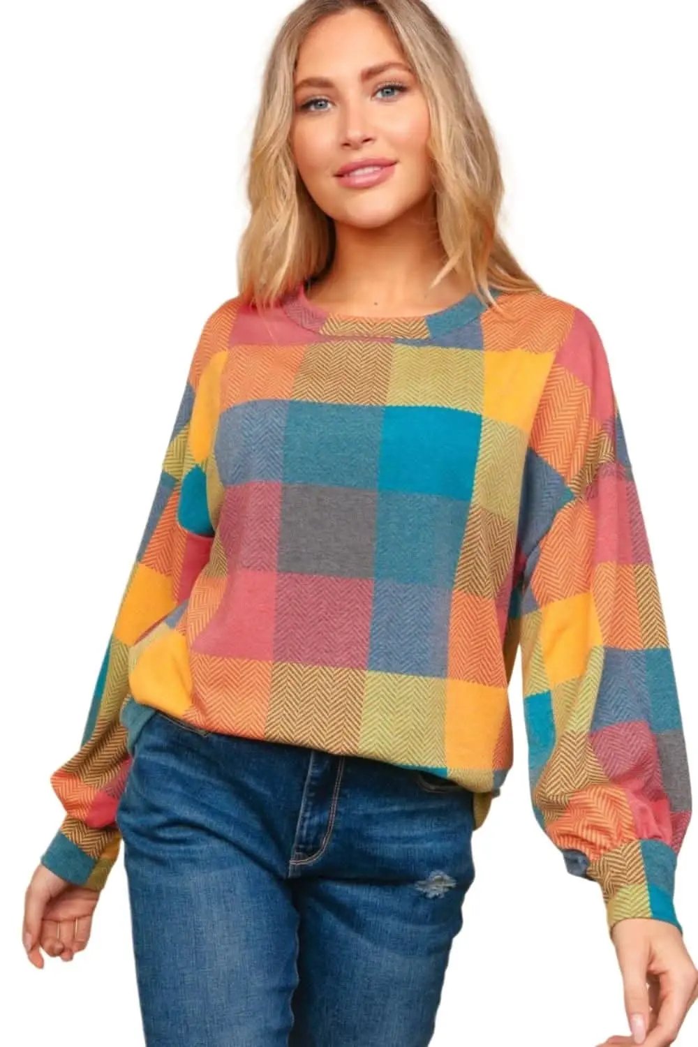 Plaid perfection: Cozy round neck sweater for stylish layering - Love Salve 