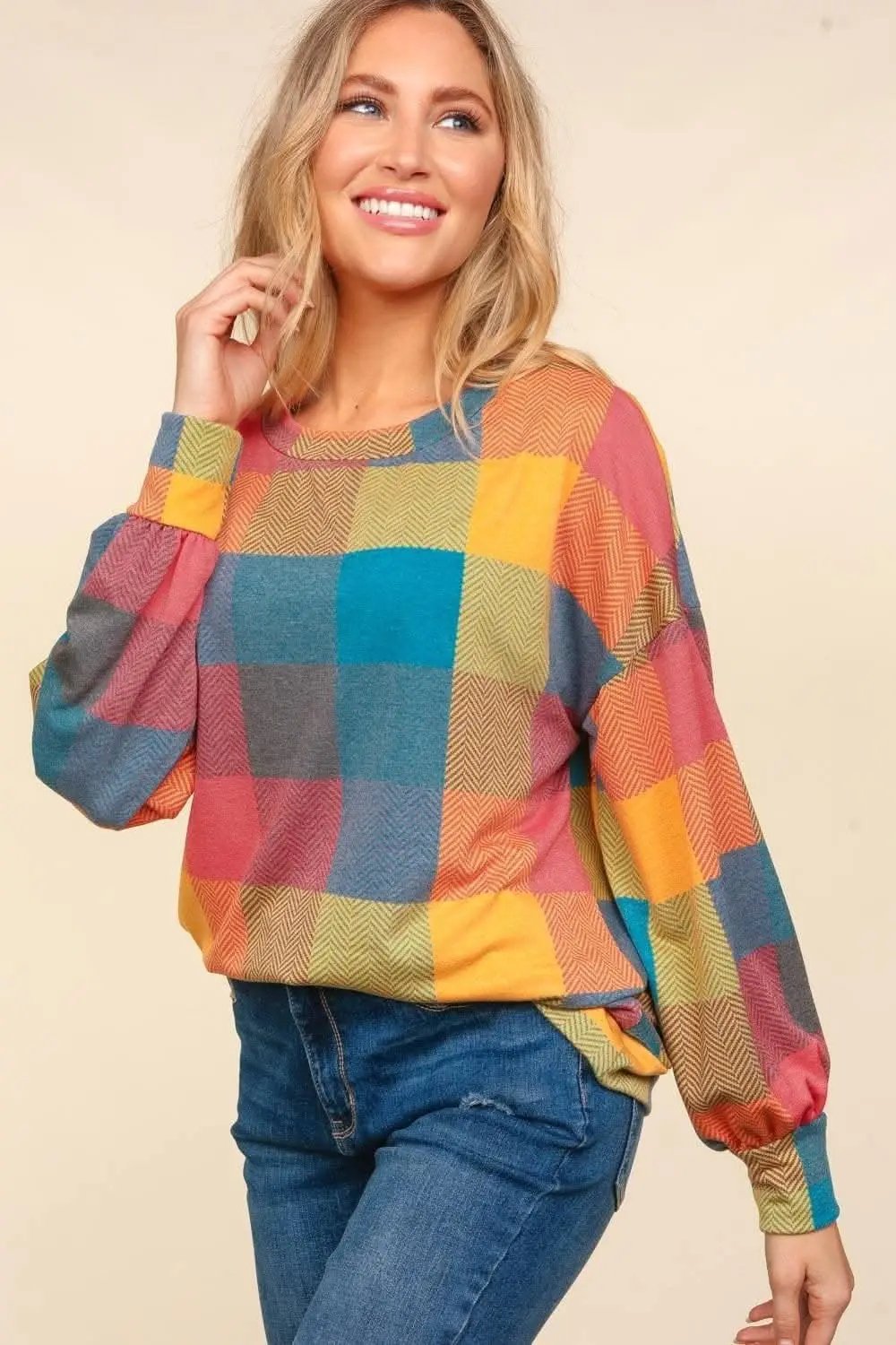 Plaid perfection: Cozy round neck sweater for stylish layering - Love Salve 