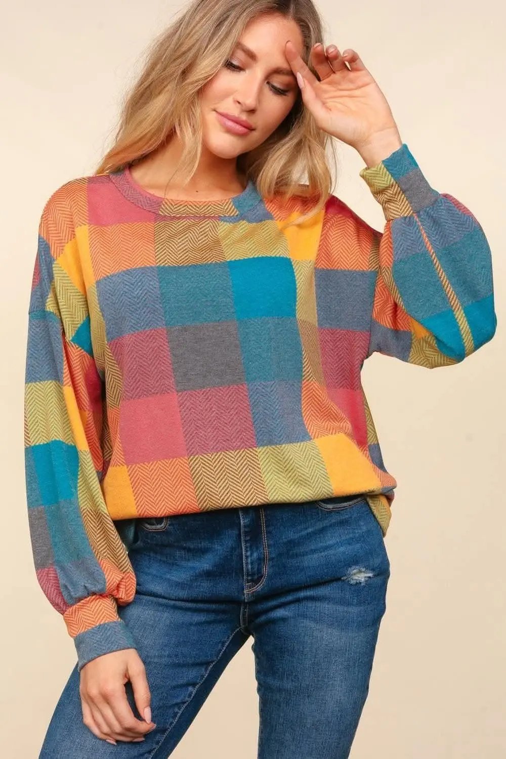 Plaid perfection: Cozy round neck sweater for stylish layering - Love Salve 