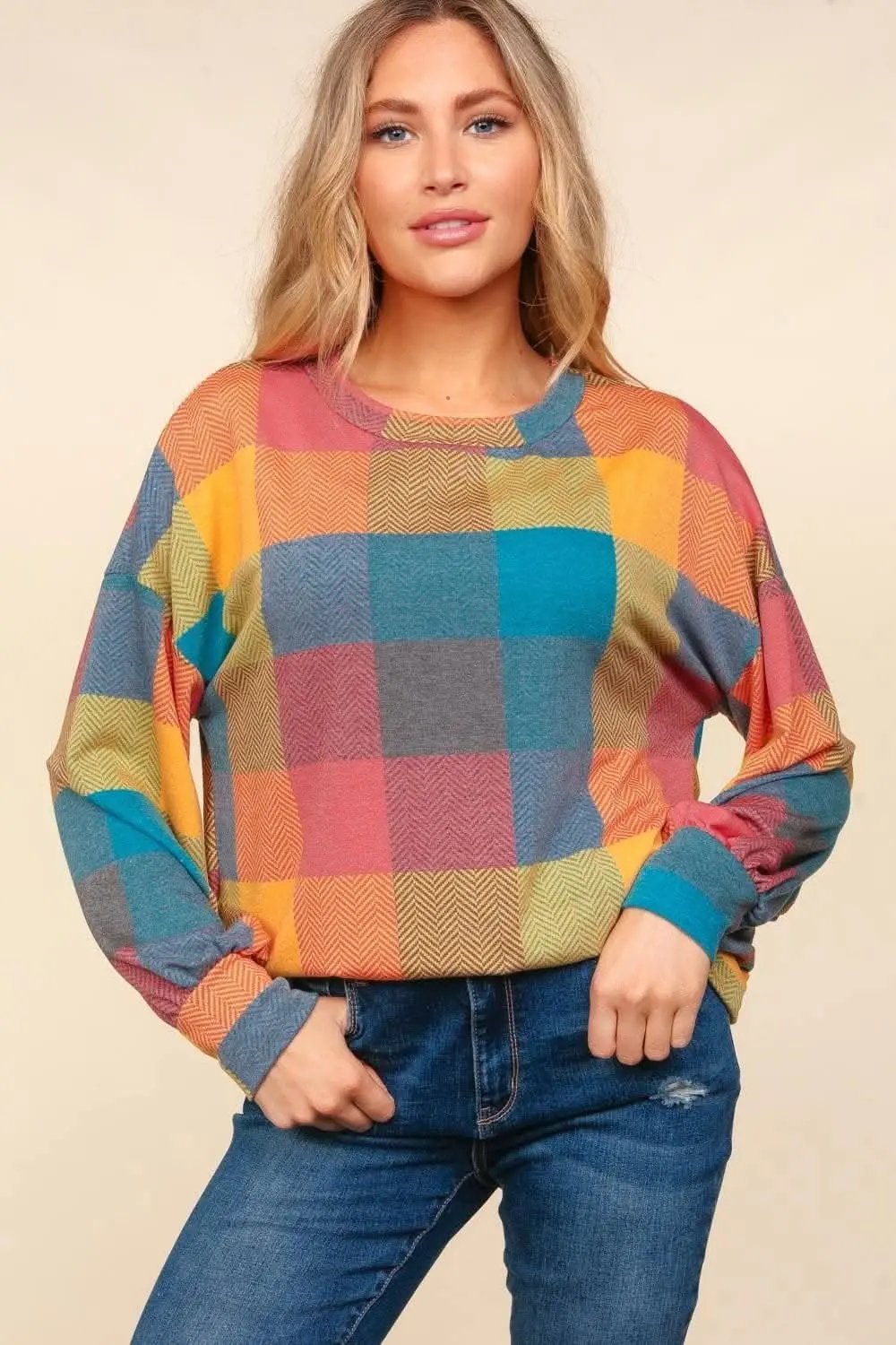 Plaid perfection: Cozy round neck sweater for stylish layering - Love Salve 