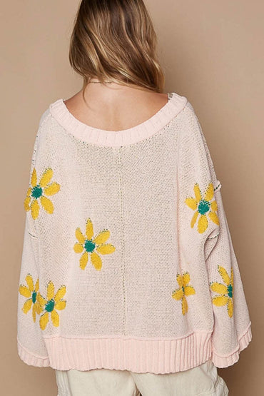 Chic floral chenille v-neck sweater - Love Salve 