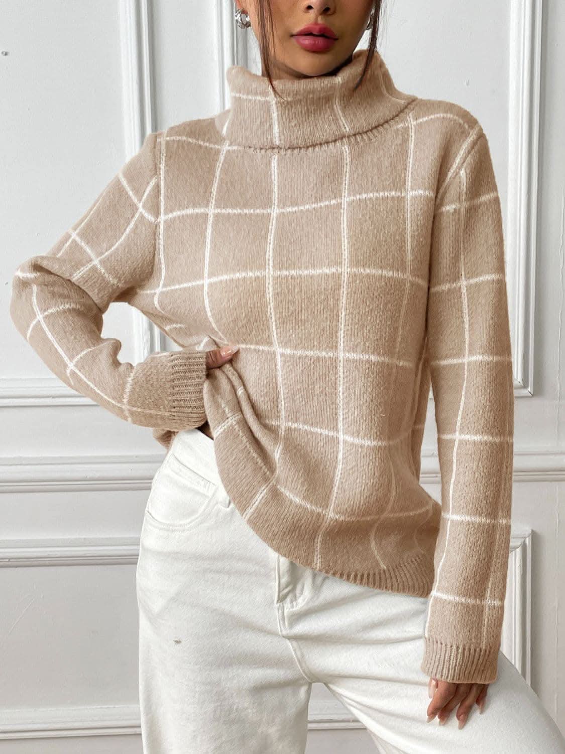 Cozy plaid turtleneck sweater - Love Salve 