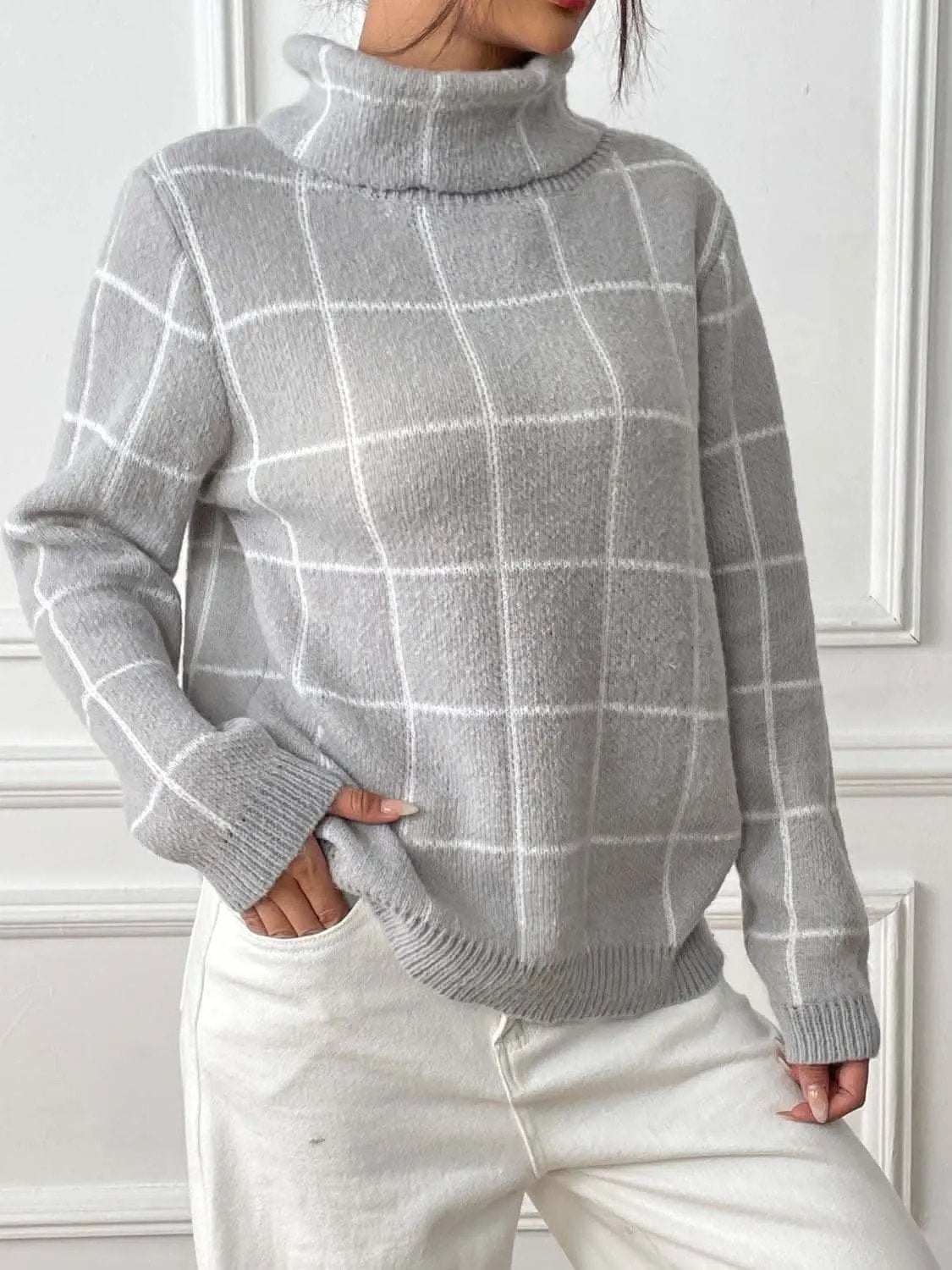 Cozy plaid turtleneck sweater - Love Salve 