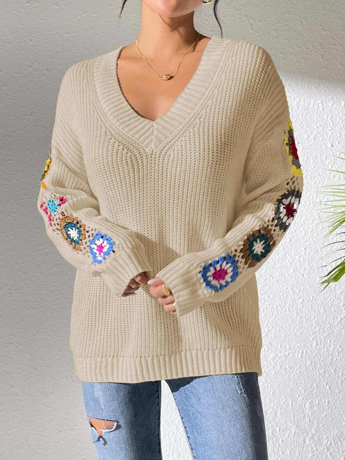 Floral V-neck crochet sweater - Love Salve 