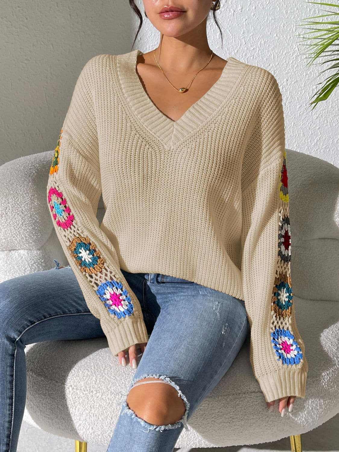 Floral V-neck crochet sweater - Love Salve 