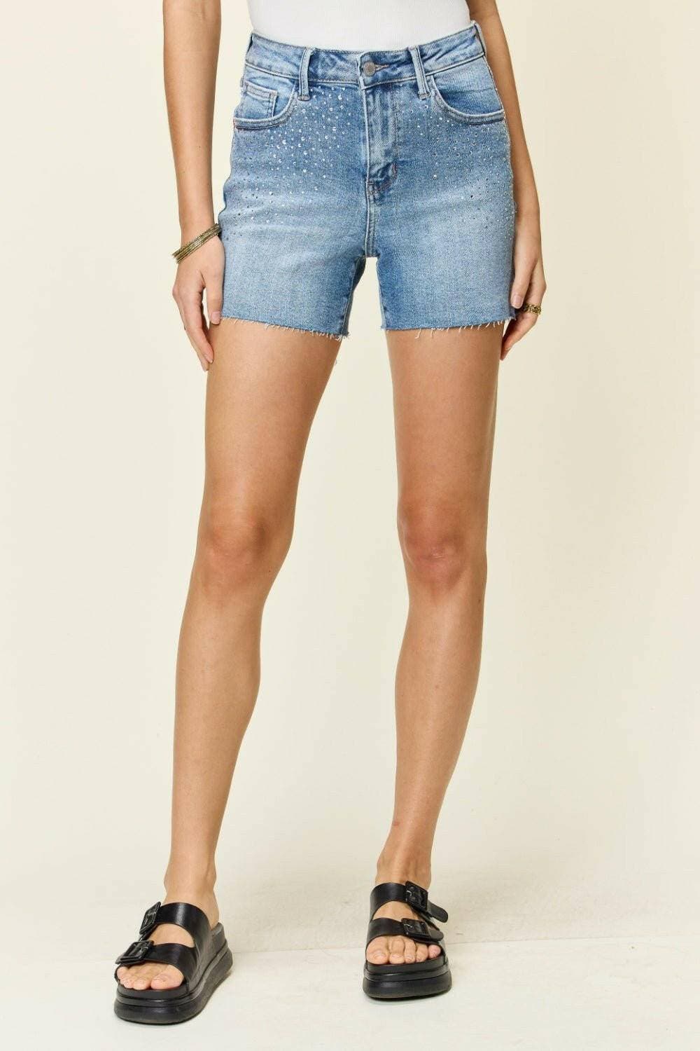 Sparkling Rhinestone High-Waisted Denim Shorts - Love Salve 