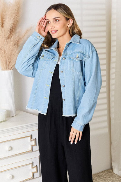 Trendy denim jacket with raw hem - Love Salve 