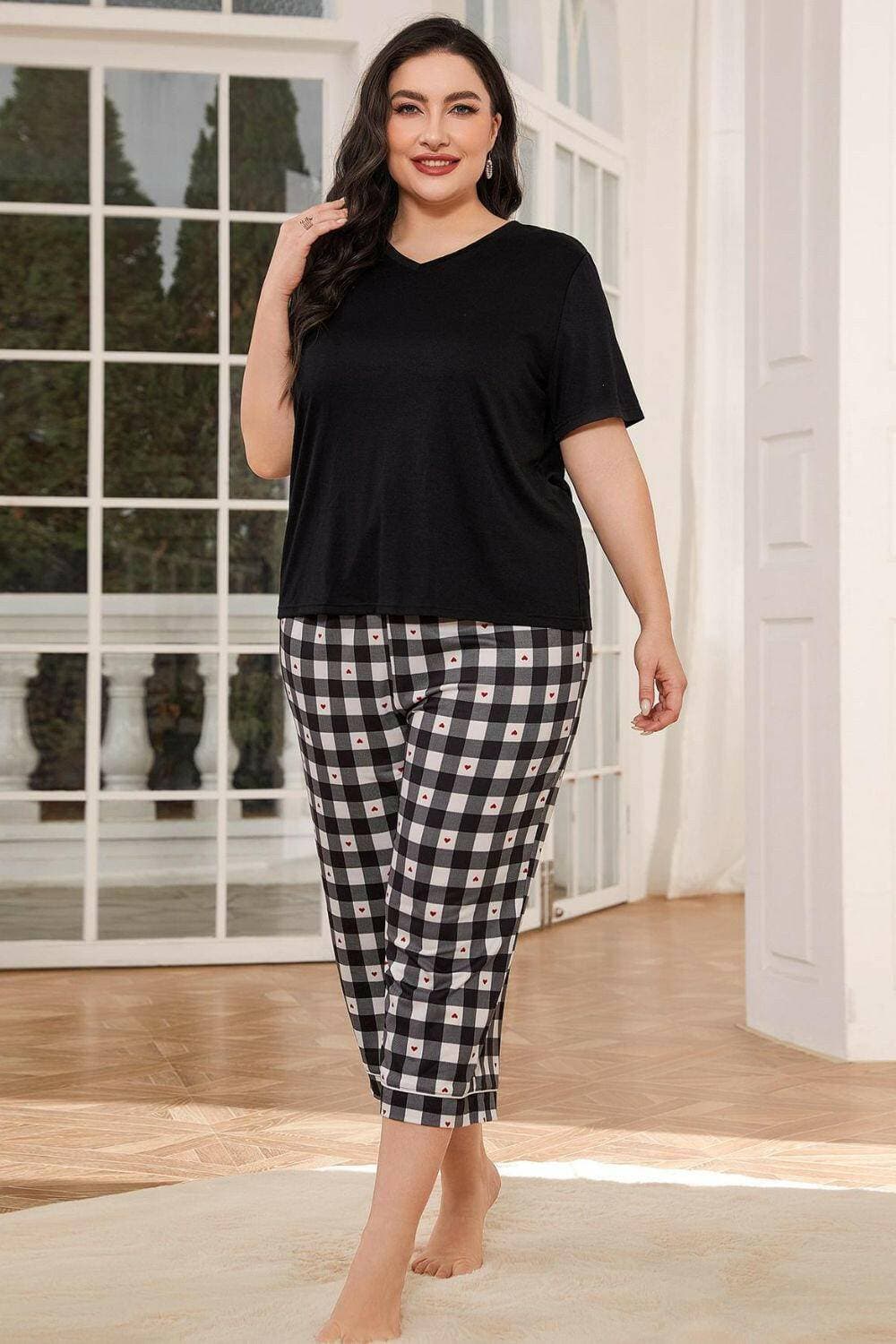 Chic Plaid V-Neck Lounge Set with Cropped PantsChic Plaid V-Neck Lounge Set with Cropped Pants
 Step into a world of comfort and sophistication with our Chic Plaid V-Neck Lounge Set. Elevate your loungewear game Love Salve -Neck Lounge Setlounge