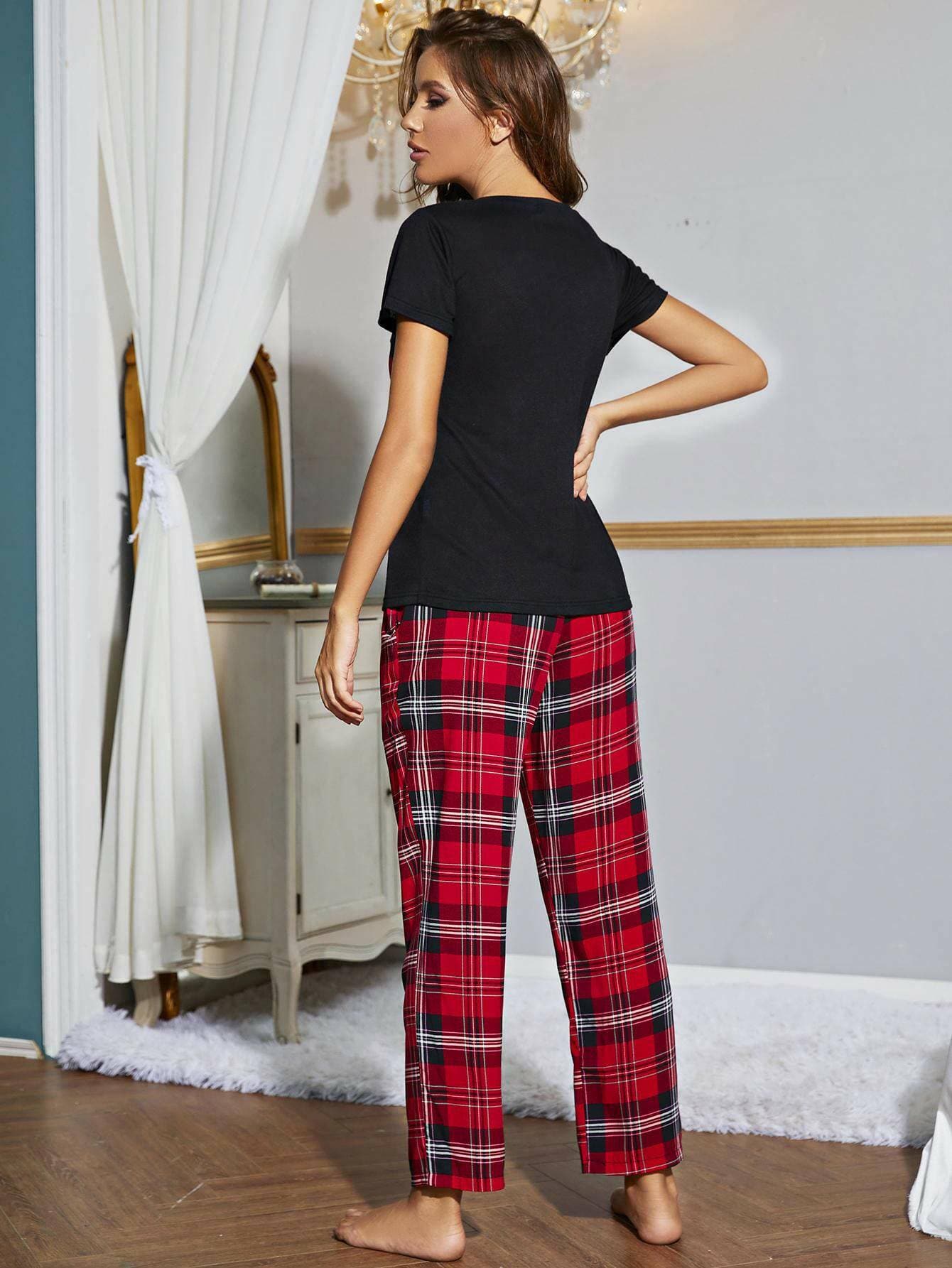 Cozy Heart Print Lounge Set with V-Neck Top and Plaid Pants - Love Salve 