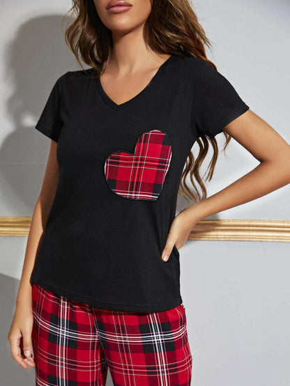 Cozy Heart Print Lounge Set with V-Neck Top and Plaid Pants - Love Salve 