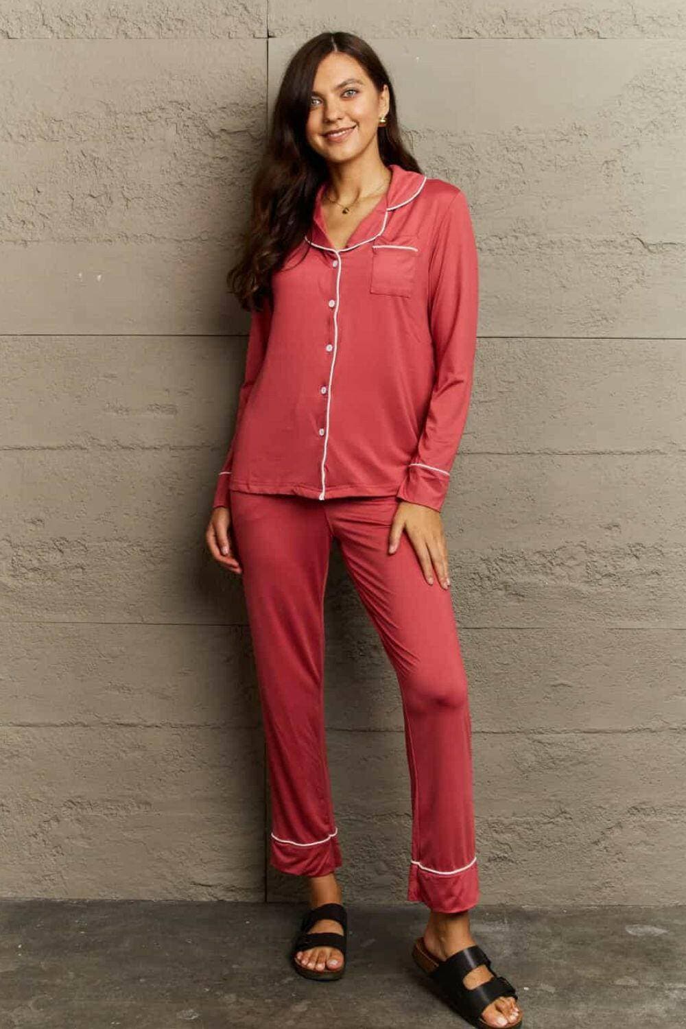 Buttoned Collared Lounge Pajama Set with Coordinating Top and Bottoms - Love Salve 