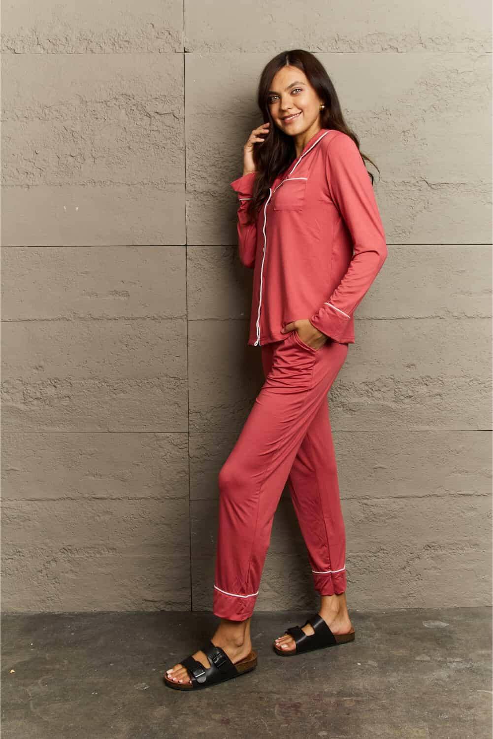 Buttoned Collared Lounge Pajama Set with Coordinating Top and Bottoms - Love Salve 