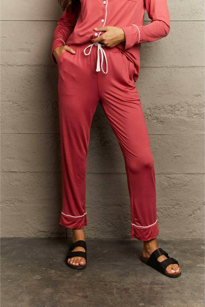 Buttoned Collared Lounge Pajama Set with Coordinating Top and Bottoms - Love Salve 