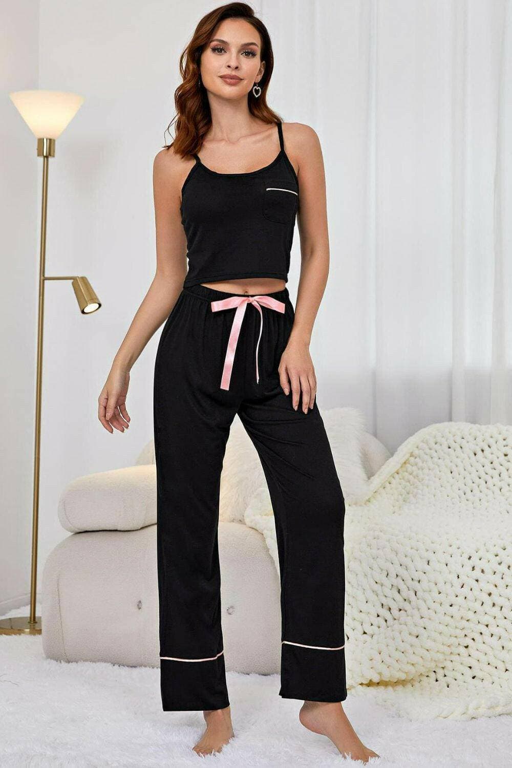 Chic Contrast Trim Coordinating Lounge Outfit with Cropped Top and PanChic Contrast Trim Coordinating Lounge Outfit with Cropped Top and Pants
 Step up your loungewear game with the Chic Contrast Trim Coordinating Lounge Outfit, a perfLove Salve Chic Contrast Trim Coordinating Lounge Outfitlounge