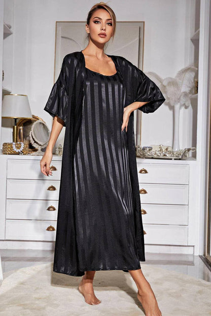 Chic Striped Lounge Robe and Ruffle Cami Dress Ensemble - Love Salve 