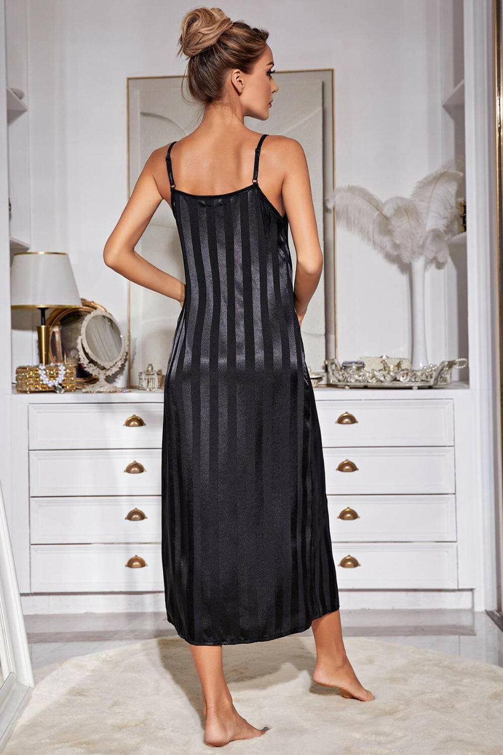 Chic Striped Lounge Robe and Ruffle Cami Dress Ensemble - Love Salve 