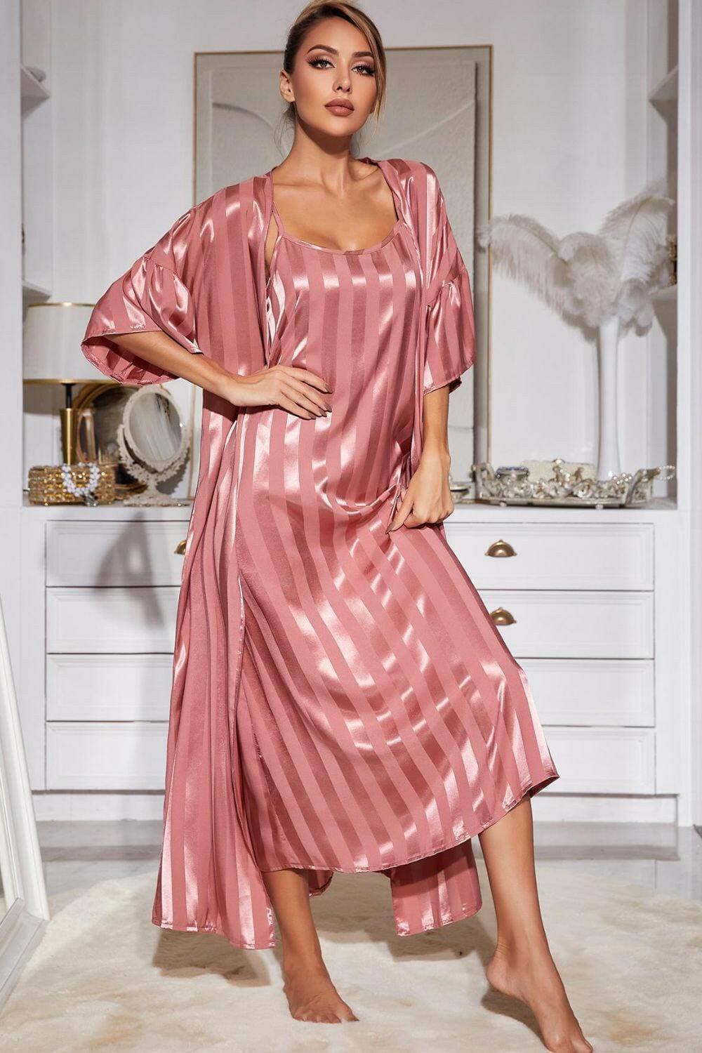 Chic Striped Lounge Robe and Ruffle Cami Dress Ensemble - Love Salve 