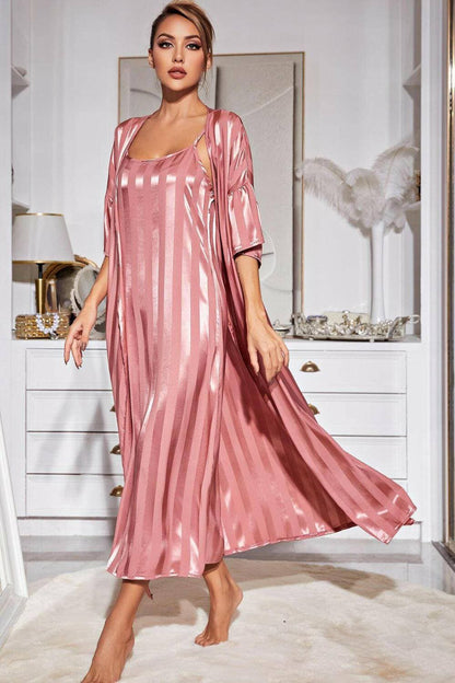 Chic Striped Lounge Robe and Ruffle Cami Dress Ensemble - Love Salve 