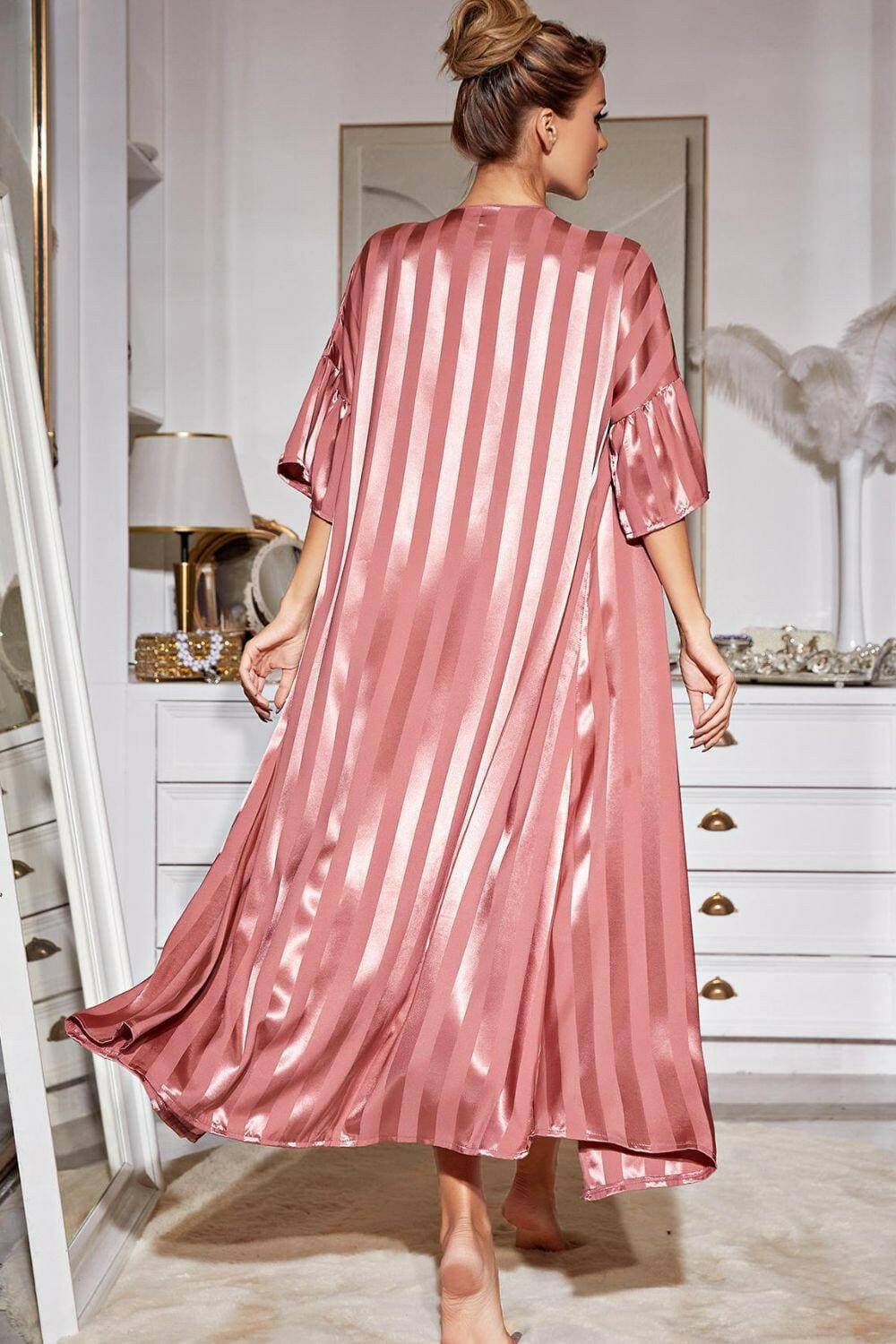 Chic Striped Lounge Robe and Ruffle Cami Dress Ensemble - Love Salve 