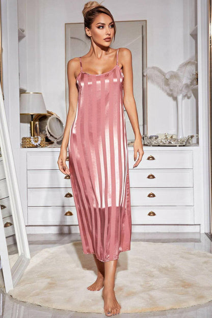 Chic Striped Lounge Robe and Ruffle Cami Dress Ensemble - Love Salve 