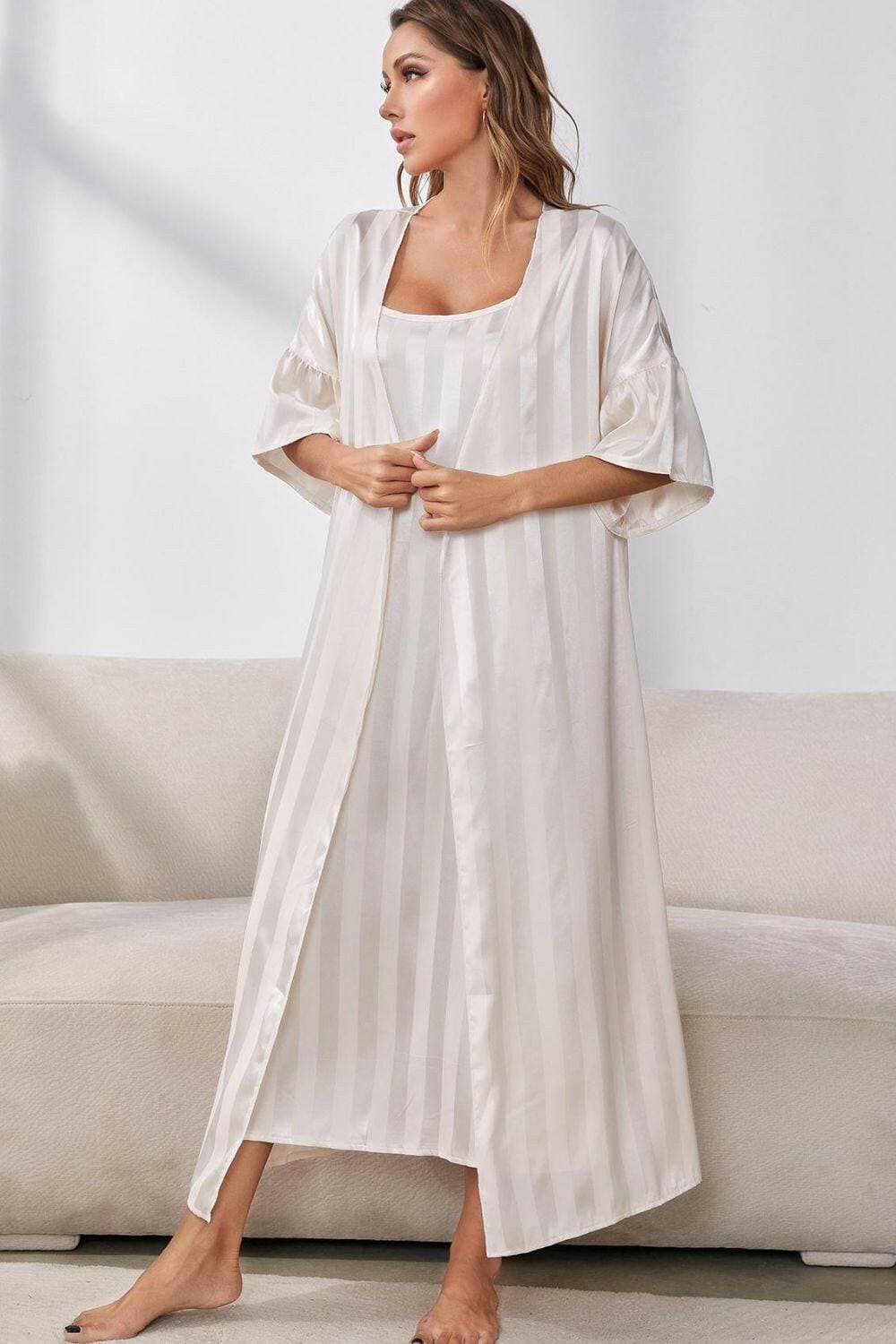 Chic Striped Lounge Robe and Ruffle Cami Dress Ensemble - Love Salve 