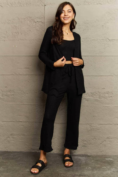 Cozy Elegance Three-Piece Lounge Ensemble with Cropped Top, Long PantsCozy Elegance Three-Piece Lounge Ensemble with Cropped Top, Long Pants, and Cardigan
 Step into sophistication and embrace comfort with the Cozy Elegance Three-PieceLove Salve Cropped Top, Long Pants,lounge