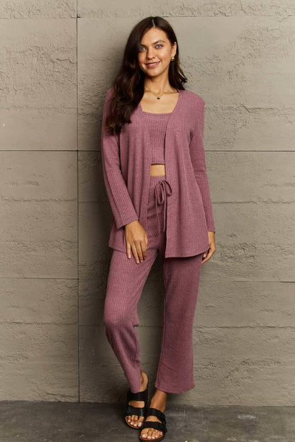 Cozy Elegance Three-Piece Lounge Ensemble with Cropped Top, Long PantsCozy Elegance Three-Piece Lounge Ensemble with Cropped Top, Long Pants, and Cardigan
 Step into sophistication and embrace comfort with the Cozy Elegance Three-PieceLove Salve Cropped Top, Long Pants,lounge