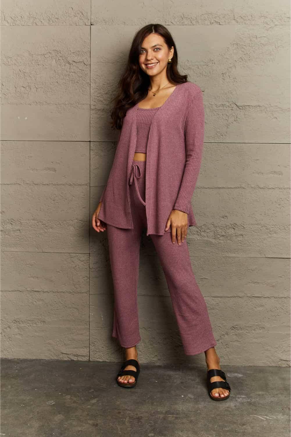 Cozy Elegance Three-Piece Lounge Ensemble with Cropped Top, Long PantsCozy Elegance Three-Piece Lounge Ensemble with Cropped Top, Long Pants, and Cardigan
 Step into sophistication and embrace comfort with the Cozy Elegance Three-PieceLove Salve Cropped Top, Long Pants,lounge