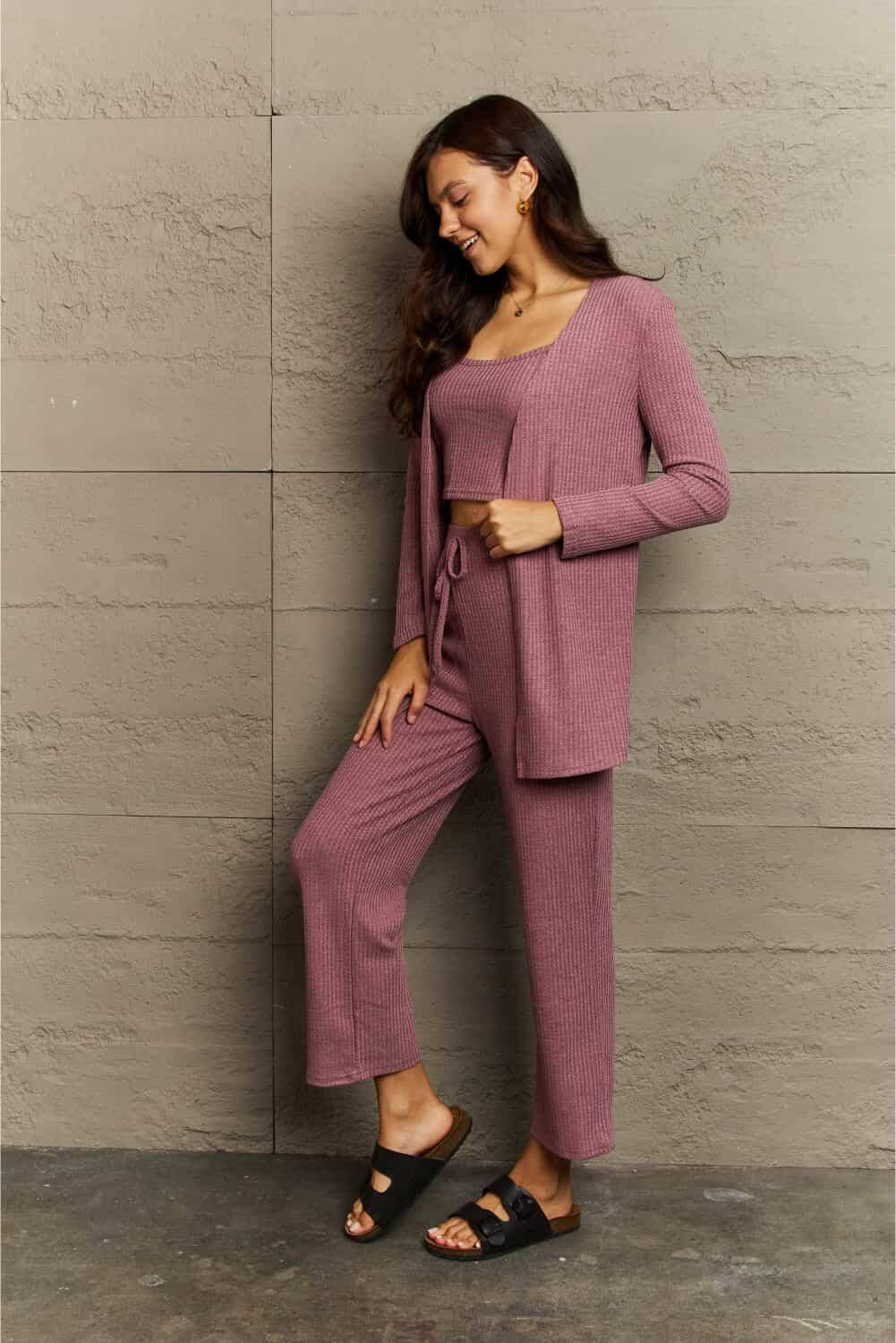 Cozy Elegance Three-Piece Lounge Ensemble with Cropped Top, Long PantsCozy Elegance Three-Piece Lounge Ensemble with Cropped Top, Long Pants, and Cardigan
 Step into sophistication and embrace comfort with the Cozy Elegance Three-PieceLove Salve Cropped Top, Long Pants,lounge