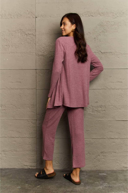 Cozy Elegance Three-Piece Lounge Ensemble with Cropped Top, Long PantsCozy Elegance Three-Piece Lounge Ensemble with Cropped Top, Long Pants, and Cardigan
 Step into sophistication and embrace comfort with the Cozy Elegance Three-PieceLove Salve Cropped Top, Long Pants,lounge