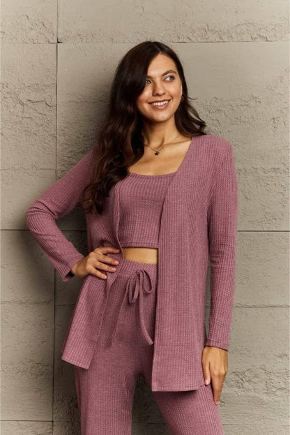 Cozy Elegance Three-Piece Lounge Ensemble with Cropped Top, Long PantsCozy Elegance Three-Piece Lounge Ensemble with Cropped Top, Long Pants, and Cardigan
 Step into sophistication and embrace comfort with the Cozy Elegance Three-PieceLove Salve Cropped Top, Long Pants,lounge