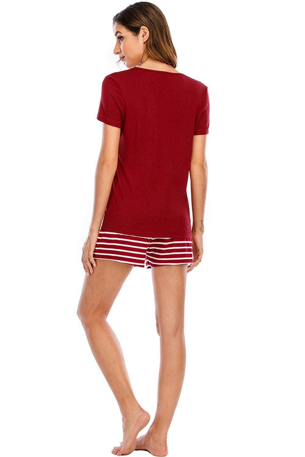 Cozy Graphic Lounge Set: Round Neck Top with Striped Shorts for Stylish Comfort - Love Salve 