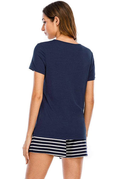 Cozy Graphic Lounge Set: Round Neck Top with Striped Shorts for Stylish Comfort - Love Salve 