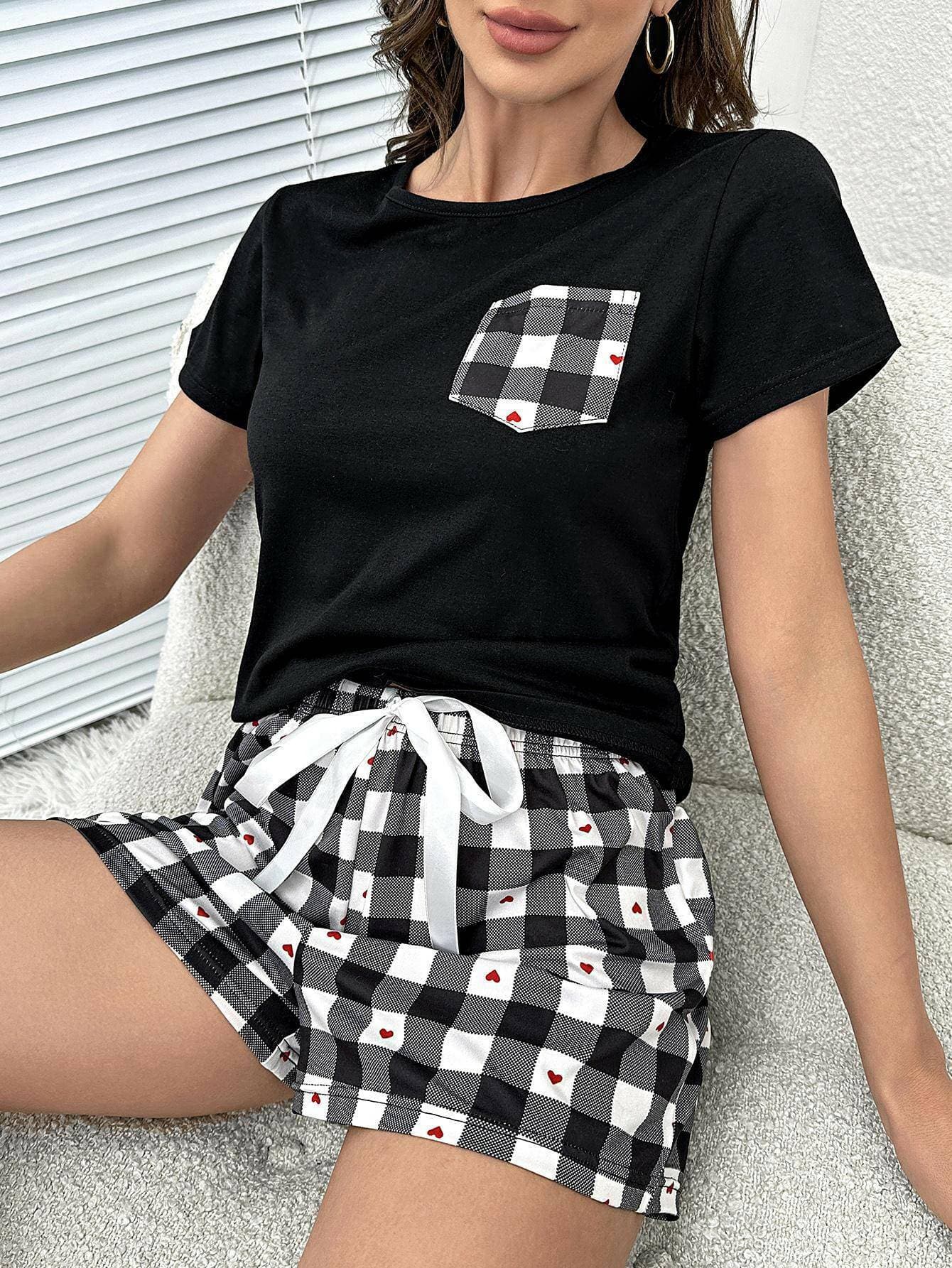 Cozy Heart Plaid Lounge Ensemble with Matching Shorts - Love Salve 