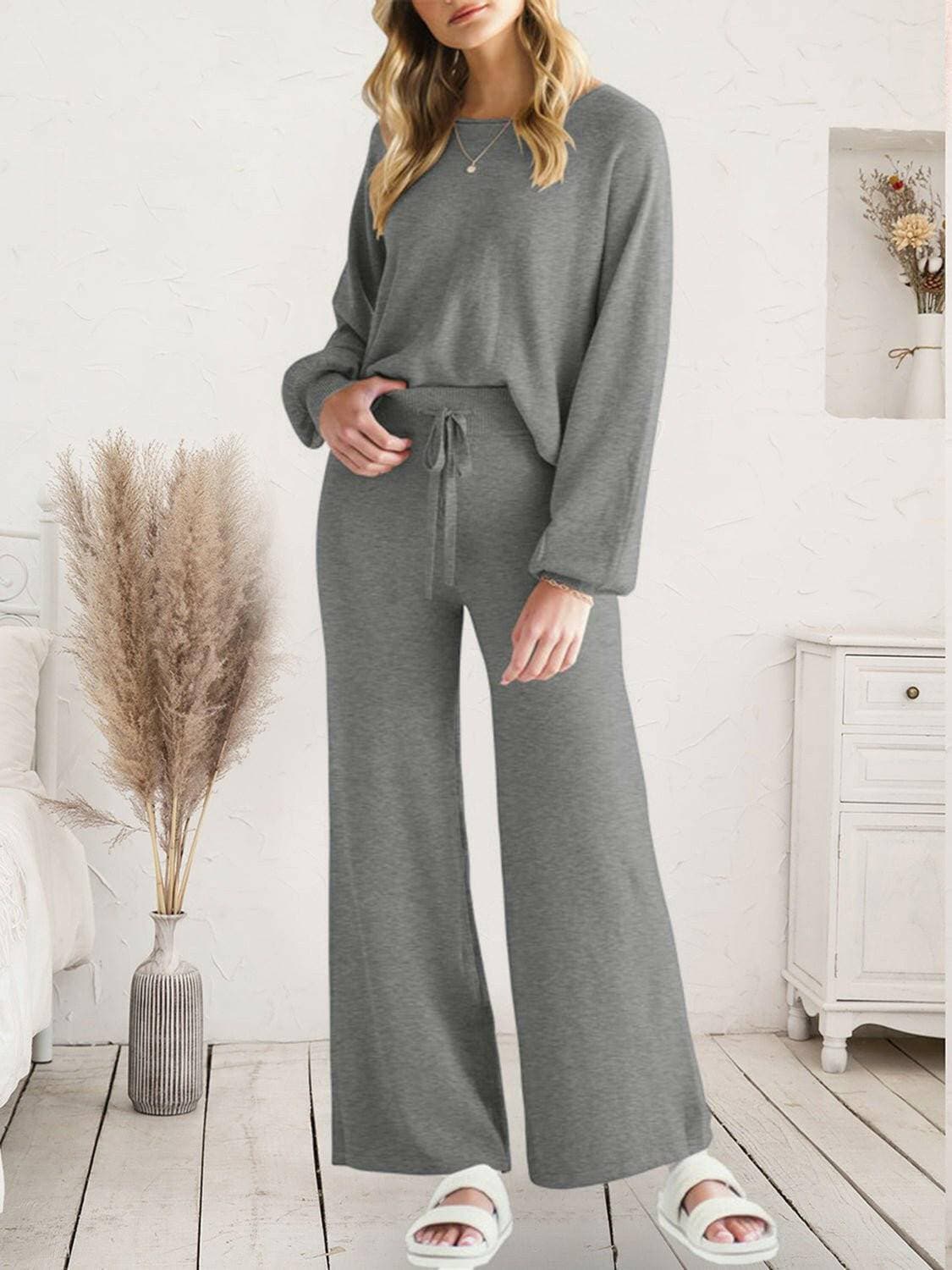 Cozy Knit Lounge Set with Long Sleeve Top and Cinched PantsStay Comfy in Style with Our Cozy Knit Lounge Set
 
 
Ultimate Comfort: Crafted from 100% acrylic, this lounge set guarantees unparalleled comfort for extended wear.Love Salve Cozy Knit Lounge Setlounge