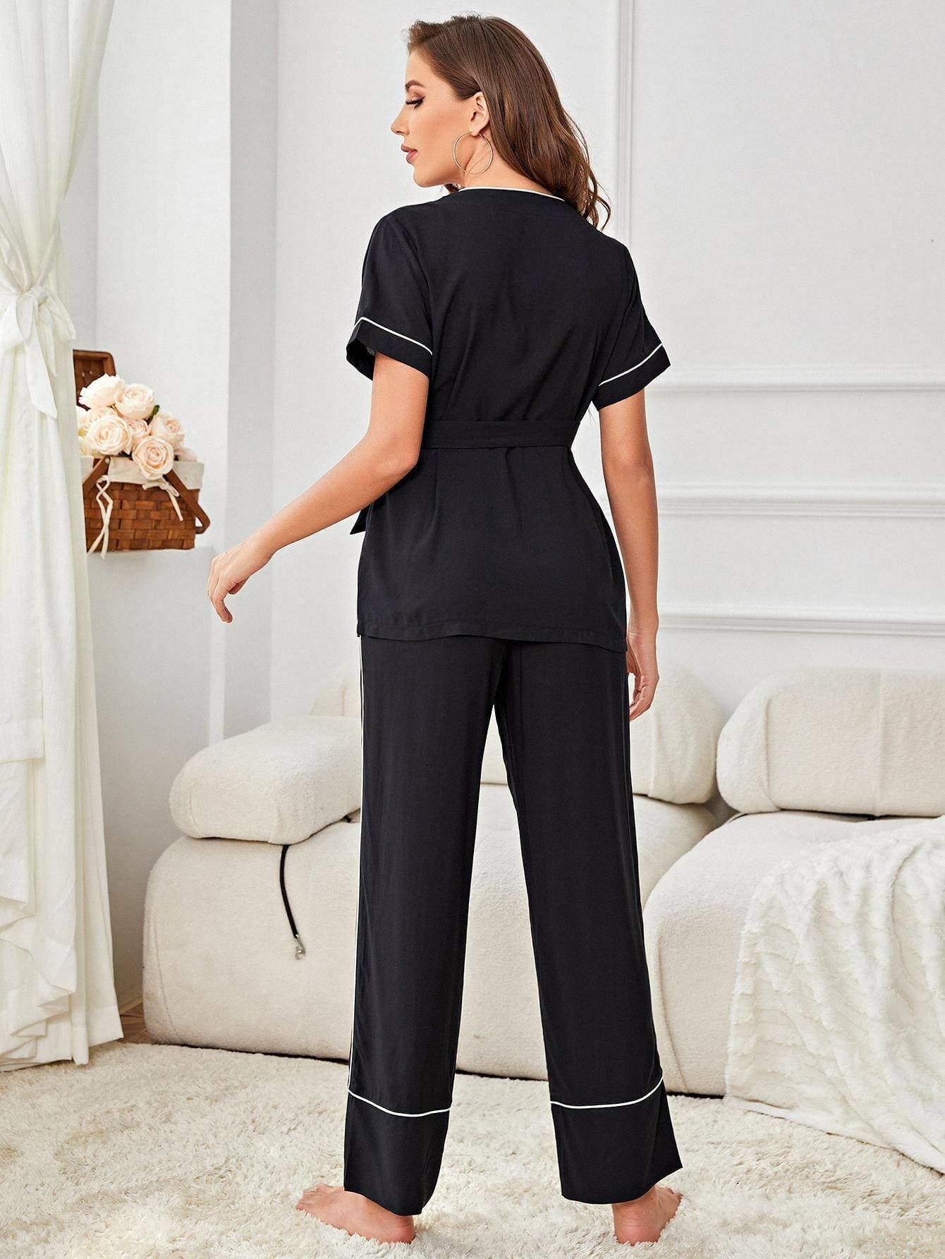 Elegant Contrast Trim Lounge Wear Set - Love Salve 