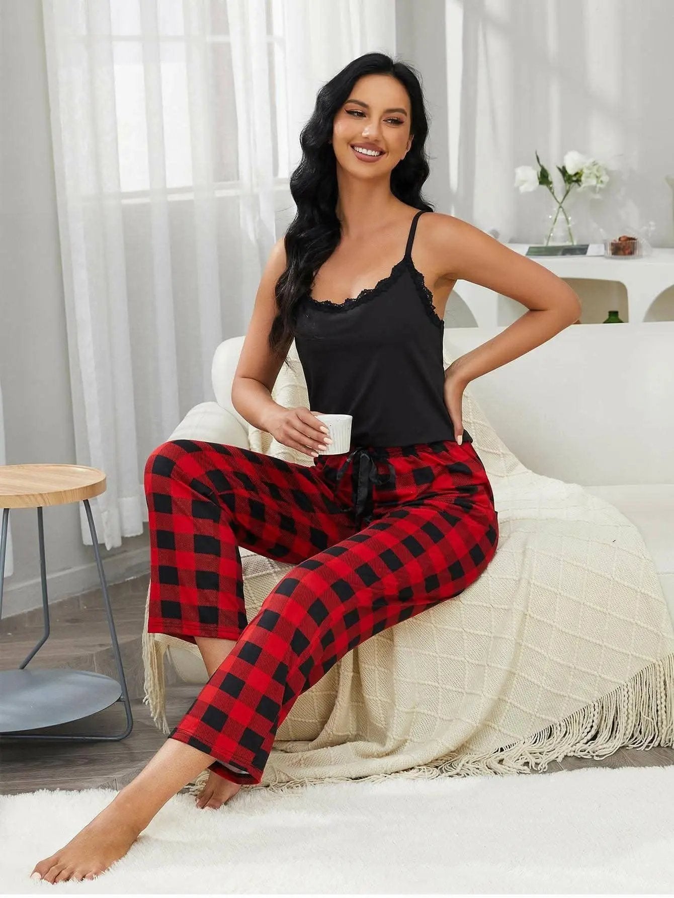 Elegant lace cami & plaid pants - Love Salve 