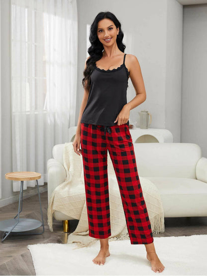 Elegant lace cami & plaid pants