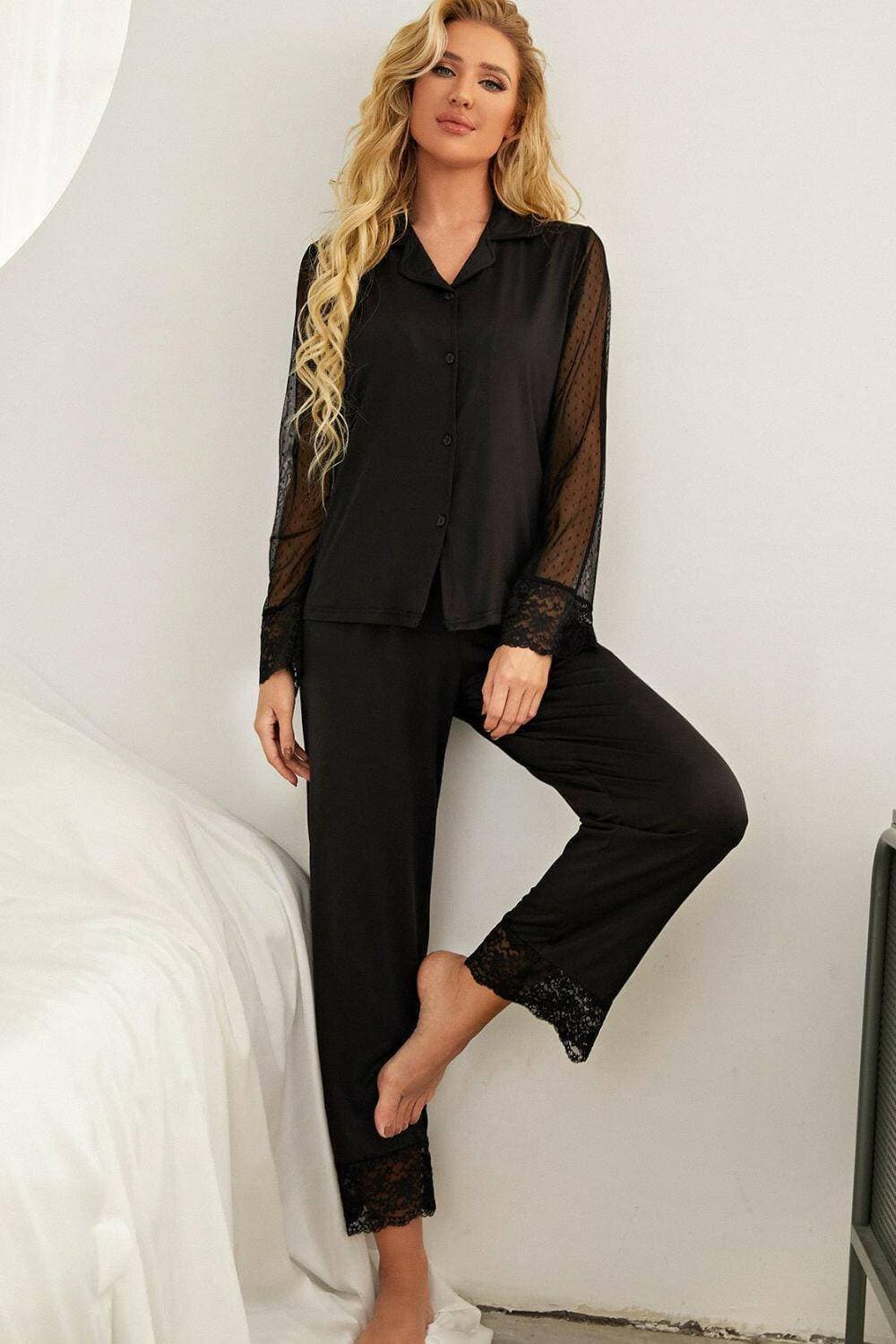 Elegant Lace-Trimmed Pajama Set with Lapel CollarElegant Lace-Trimmed Pajama Set with Lapel Collar
 Upgrade your loungewear collection with our Elegant Lace-Trimmed Pajama Set, a perfect blend of comfort and style.Love Salve Elegant Lace-Trimmed Pajama Setlounge