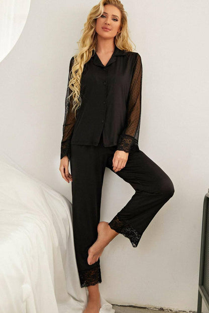 Elegant Lace-Trimmed Pajama Set with Lapel CollarElegant Lace-Trimmed Pajama Set with Lapel Collar
 Upgrade your loungewear collection with our Elegant Lace-Trimmed Pajama Set, a perfect blend of comfort and style.Love Salve Elegant Lace-Trimmed Pajama Setlounge