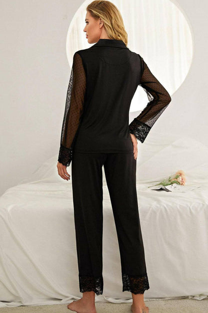 Elegant Lace-Trimmed Pajama Set with Lapel CollarElegant Lace-Trimmed Pajama Set with Lapel Collar
 Upgrade your loungewear collection with our Elegant Lace-Trimmed Pajama Set, a perfect blend of comfort and style.Love Salve Elegant Lace-Trimmed Pajama Setlounge