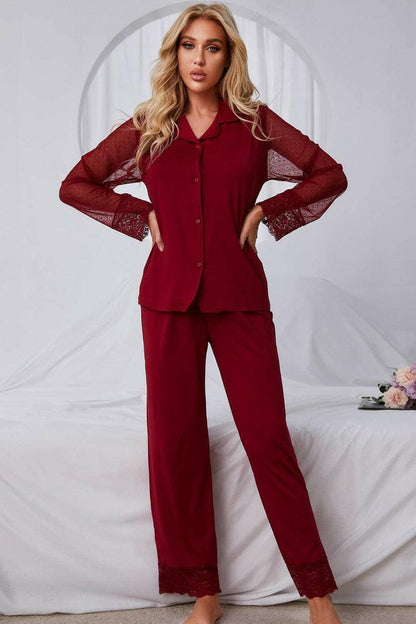 Elegant Lace-Trimmed Pajama Set with Lapel CollarElegant Lace-Trimmed Pajama Set with Lapel Collar
 Upgrade your loungewear collection with our Elegant Lace-Trimmed Pajama Set, a perfect blend of comfort and style.Love Salve Elegant Lace-Trimmed Pajama Setlounge