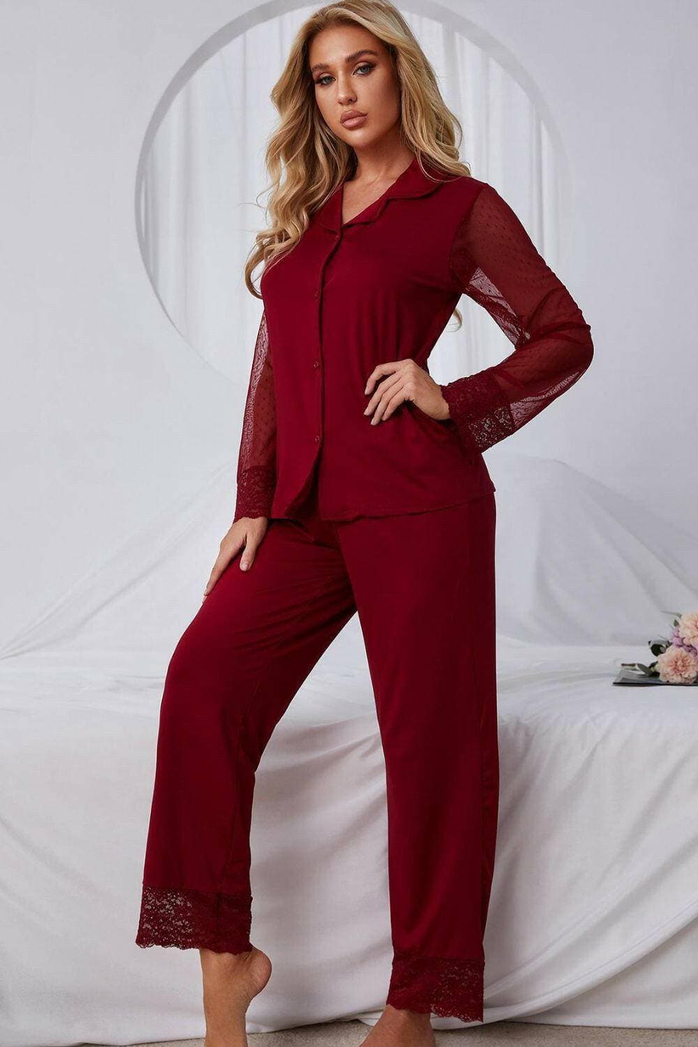 Elegant Lace-Trimmed Pajama Set with Lapel CollarElegant Lace-Trimmed Pajama Set with Lapel Collar
 Upgrade your loungewear collection with our Elegant Lace-Trimmed Pajama Set, a perfect blend of comfort and style.Love Salve Elegant Lace-Trimmed Pajama Setlounge