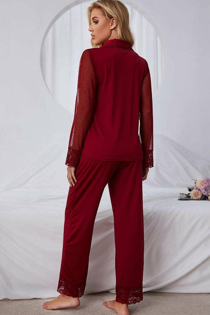 Elegant Lace-Trimmed Pajama Set with Lapel CollarElegant Lace-Trimmed Pajama Set with Lapel Collar
 Upgrade your loungewear collection with our Elegant Lace-Trimmed Pajama Set, a perfect blend of comfort and style.Love Salve Elegant Lace-Trimmed Pajama Setlounge