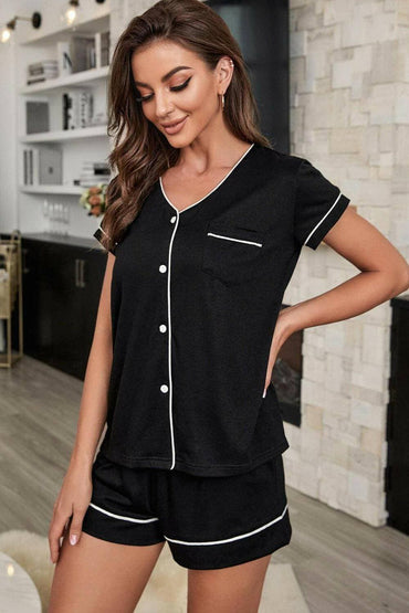 Elegant V-Neck Pajama Set with Stylish Contrast Piping and Elastic ShoElegant V-Neck Pajama Set with Stylish Contrast Piping and Elastic Shorts
 
 Indulge in a night of luxury and sophistication with our Elegant V-Neck Pajama Set. ExplLove Salve -Neck Pajama Setlounge