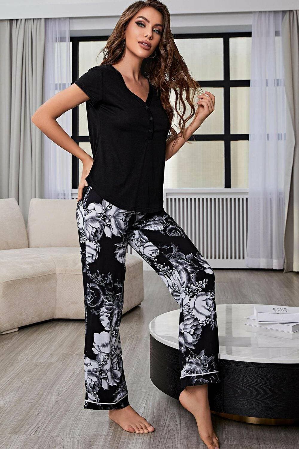 Vibrant Floral V-Neck Lounge Set with Soft PantsVibrant Floral V-Neck Lounge Set with Soft Pants
 Upgrade your loungewear collection with our Vibrant Floral V-Neck Lounge Set, a perfect blend of style and comfort!Love Salve -Neck Lounge Setlounge