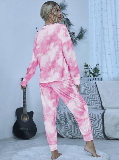 Chic Tie-Dye Lounge Ensemble with Round Neck Top and Pants - Love Salve 